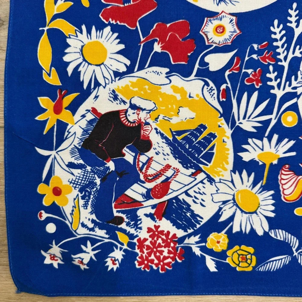 Vintage Swedish Bandanna Scarf Ahrnebergs AB Hand Printed Blue Folk Art 25